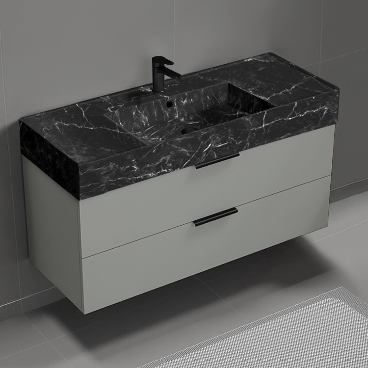 Nameeks DERIN936 Modern Bathroom Vanity With Black Marble Design Sink, Wall Mounted, 48 Inch, Grey Mist